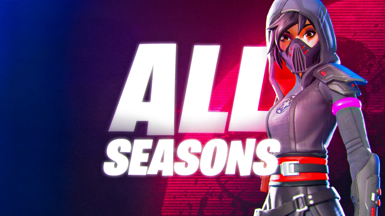 Fortnite character next to All Seasons title on red and blue background