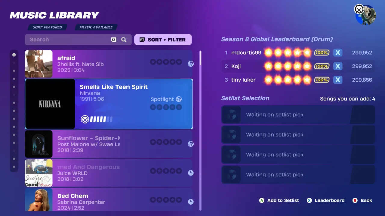 Song selection screen in Fortnite Festival