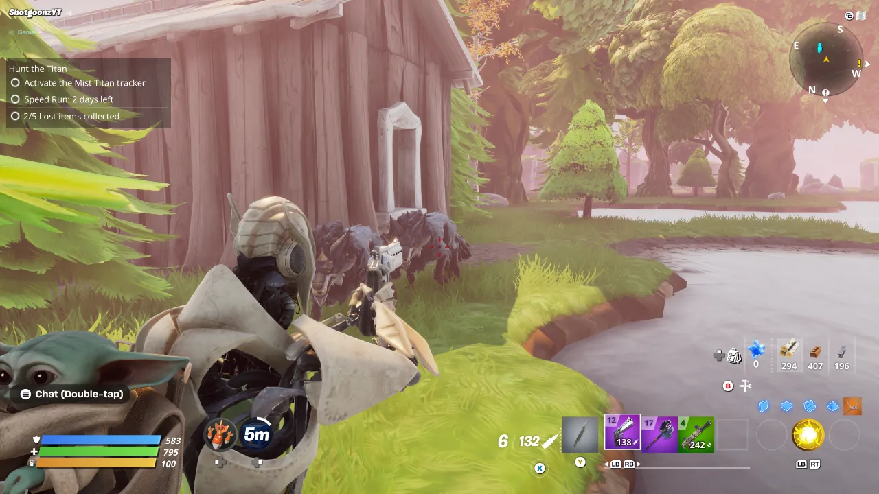 Player aiming at wolves near a cabin in Fortnite Save the World mission Hunt the Titan