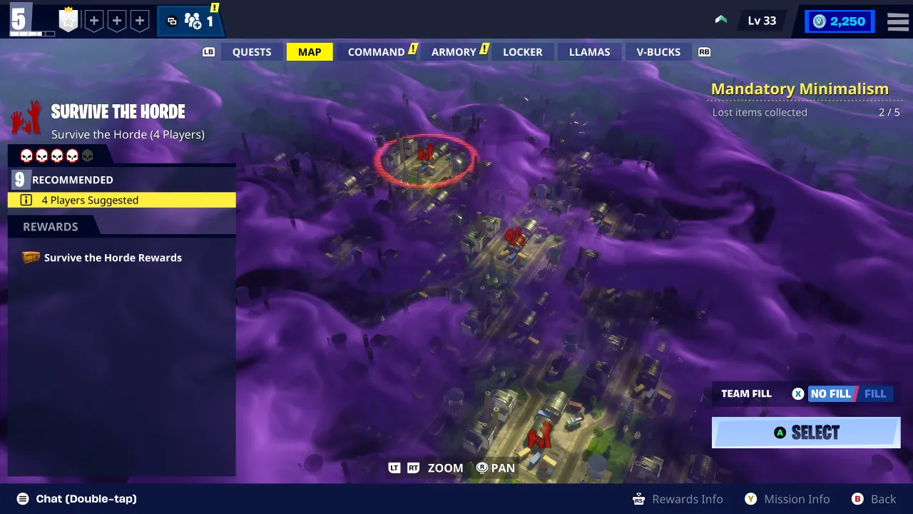 Survive the Horde mission selected on the Fortnite Save the World map screen